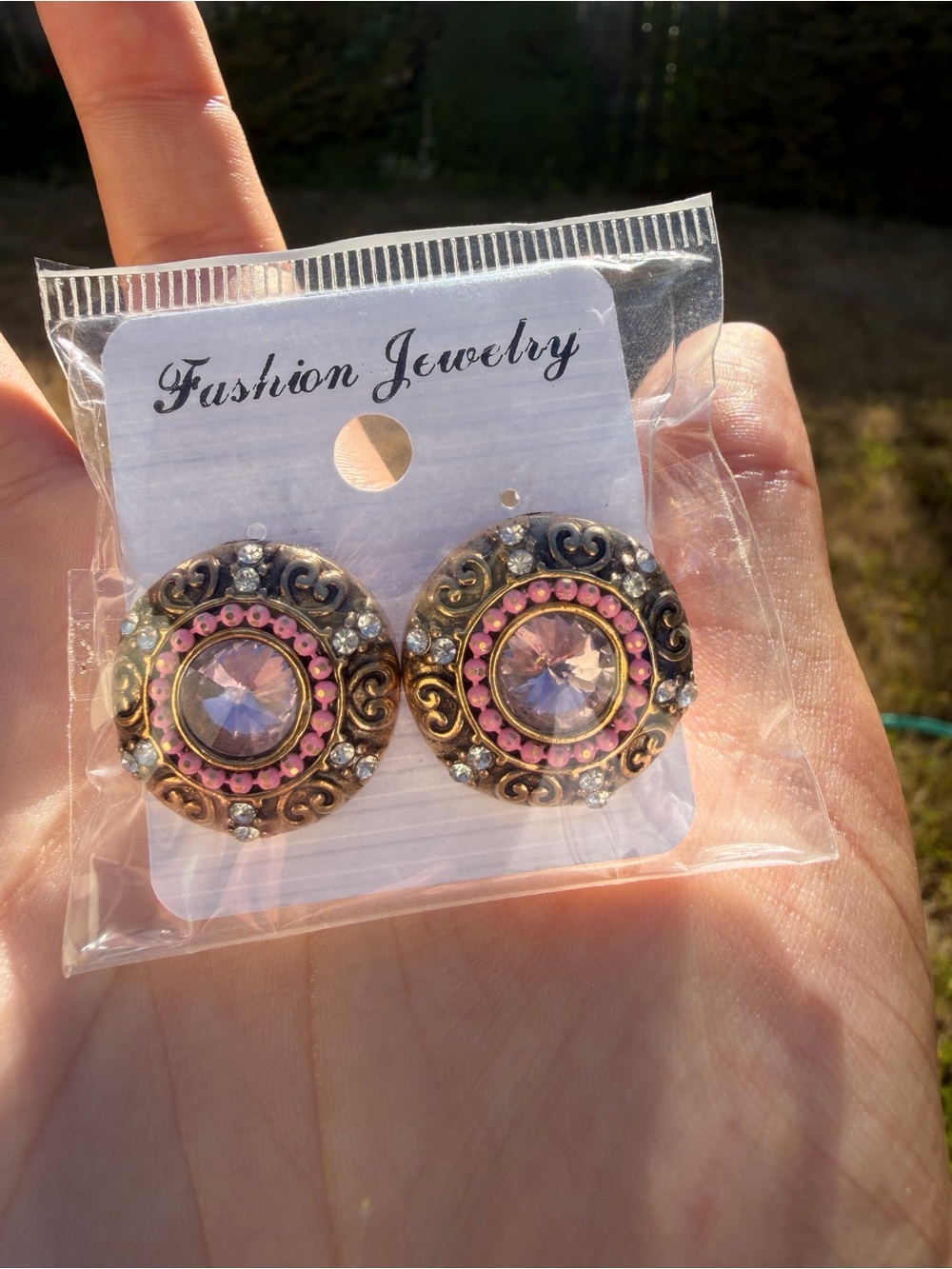Fashion Jewelry Gold-Tone Round Earrings with Pink and Clear Crystals